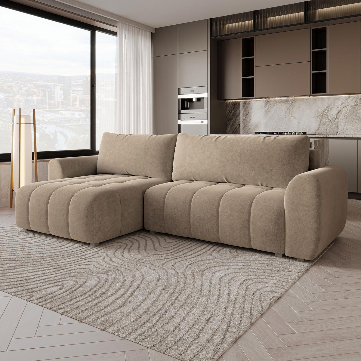 ECKSOFA MODARO CL Beige Samtstoff mit Schlaffunktion - Beige, Holzwerkstoff/Textil (285/148cm) - MASSENO