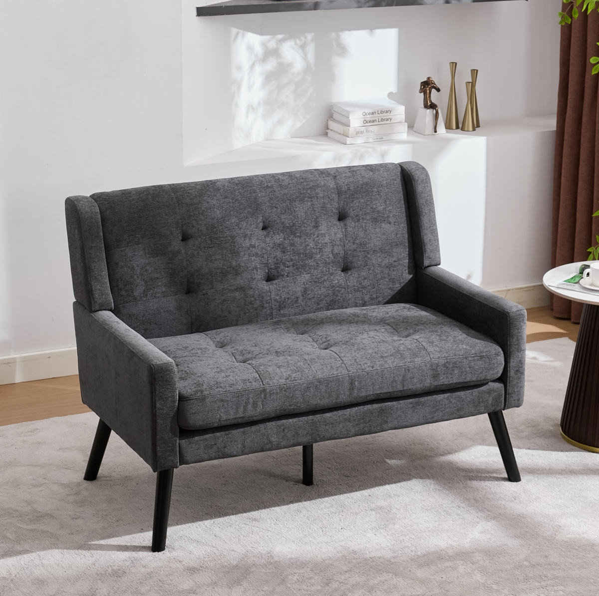 2-SITZER 119/75/88 cm Leinenpolster mit Knopfsteppung, Massivholzbeinen Dunkelgrau - Dunkelgrau, Textil (75/88/120cm) - OKMYHOME
