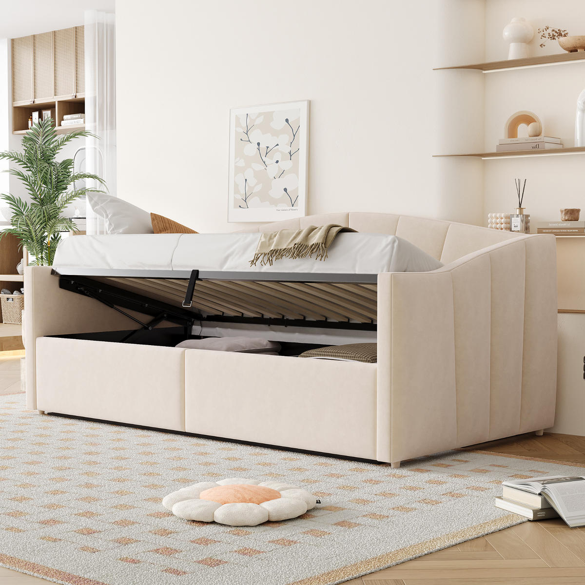 POLSTERBETT Sofabett 90/200 cm Beige mit hydraulischer Lagerung und Lattenrost aus Samt - Beige, Textil (90/200cm) - OKWISH