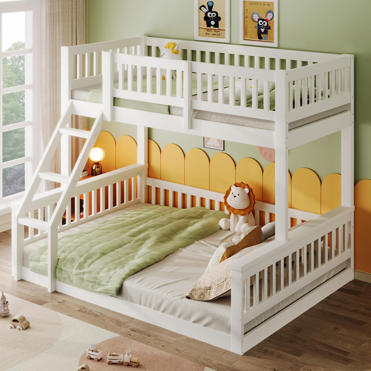 ETAGENBETT 90/200 cm + 140/200 cm, Weiß mit Leiter und Bettgitter ohne Matratze - Weiß, Holz (140/200cm) - MIVRAY