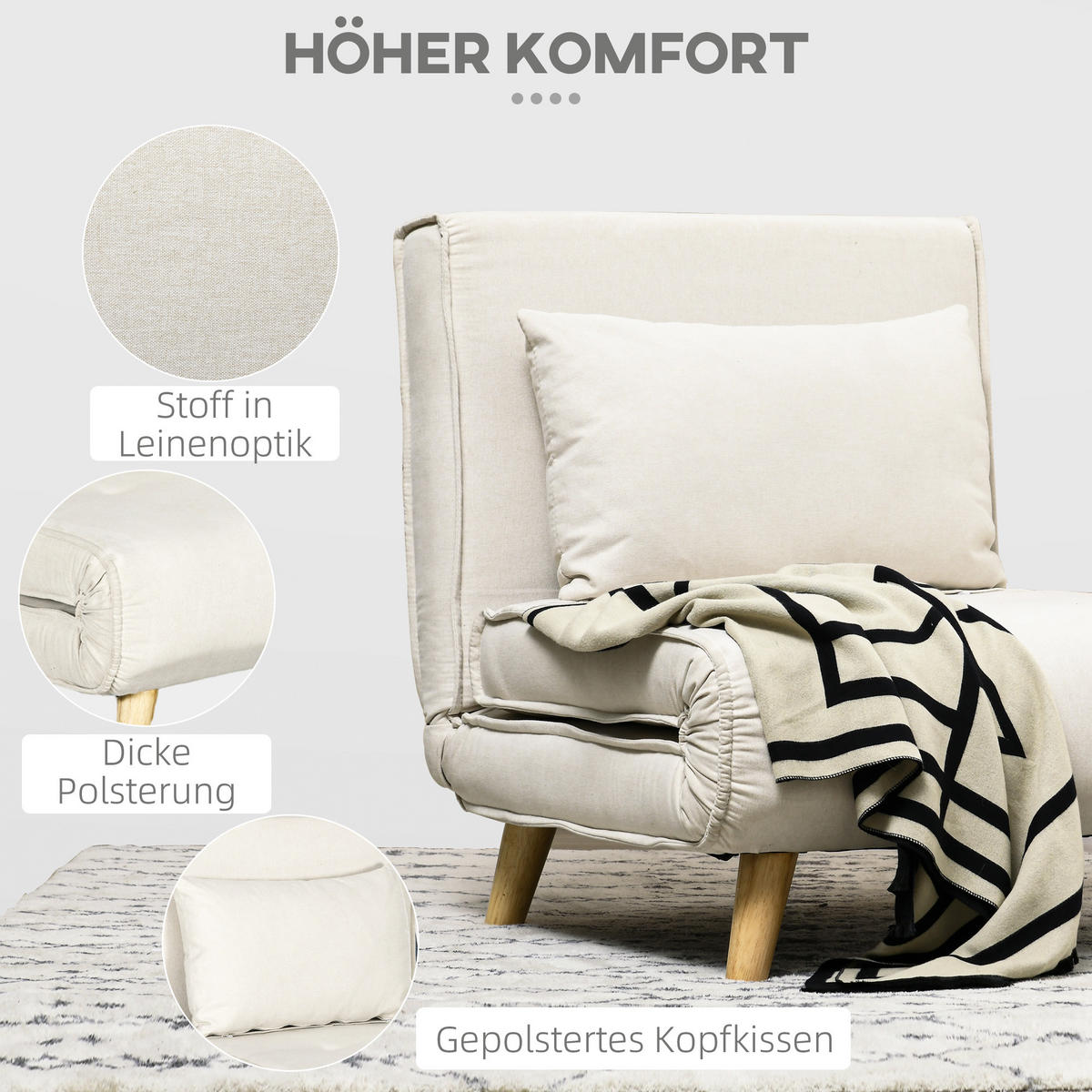 SCHLAFSESSEL, Klappbett mit Bettfunktion, Lendenkissen, für Wohnzimmer Creme - Creme/Naturfarben, Holz/Textil (78/79/72cm) - HOMCOM