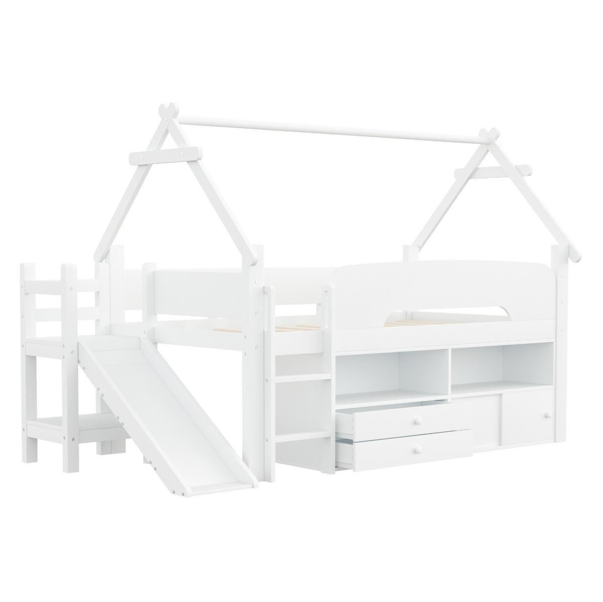 KINDERBETT 90/200 cm weiß aus Massivholz und MDF mit Rutsche und Stauraum - Weiß, Holzwerkstoff (90/200cm) - OKWISH