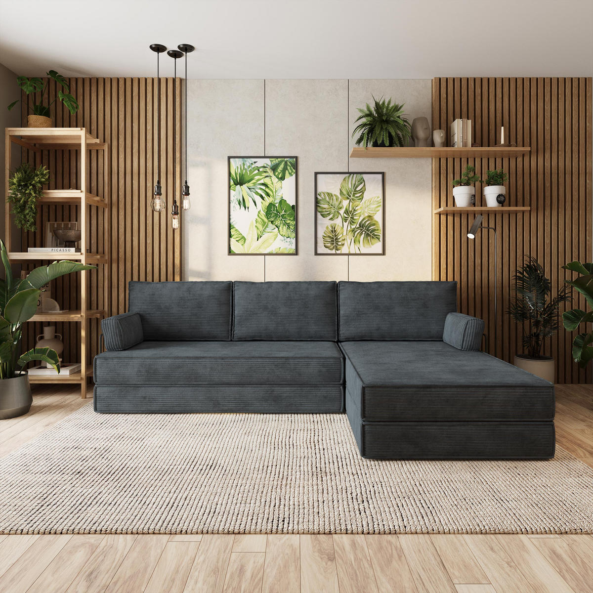 ECKSOFA ANKO modulares Boneless Sofa mit Schlaffunktion Grau Kordstoff - Dunkelgrau, Textil (270/160cm) - MASSENO