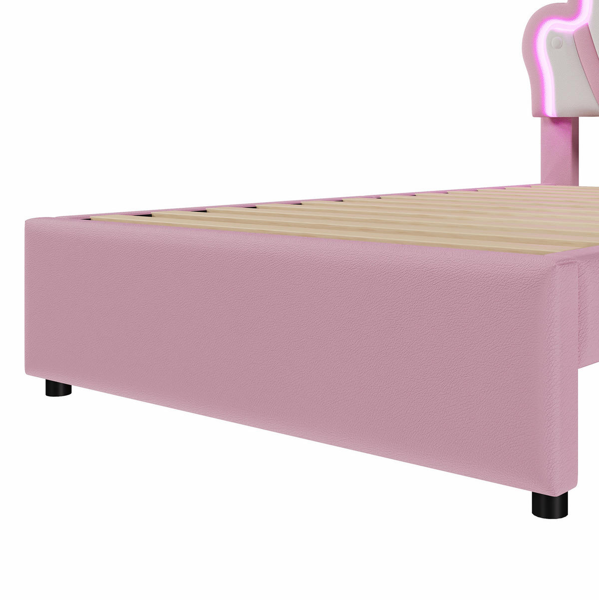 DĚTSKÁ čalouněná postel z PU a MDF 90x200 cm růžová s nastavitelným čelem, LED osvětlením a 2 zásuvkami - růžová, plast (90/200cm) - Modfu