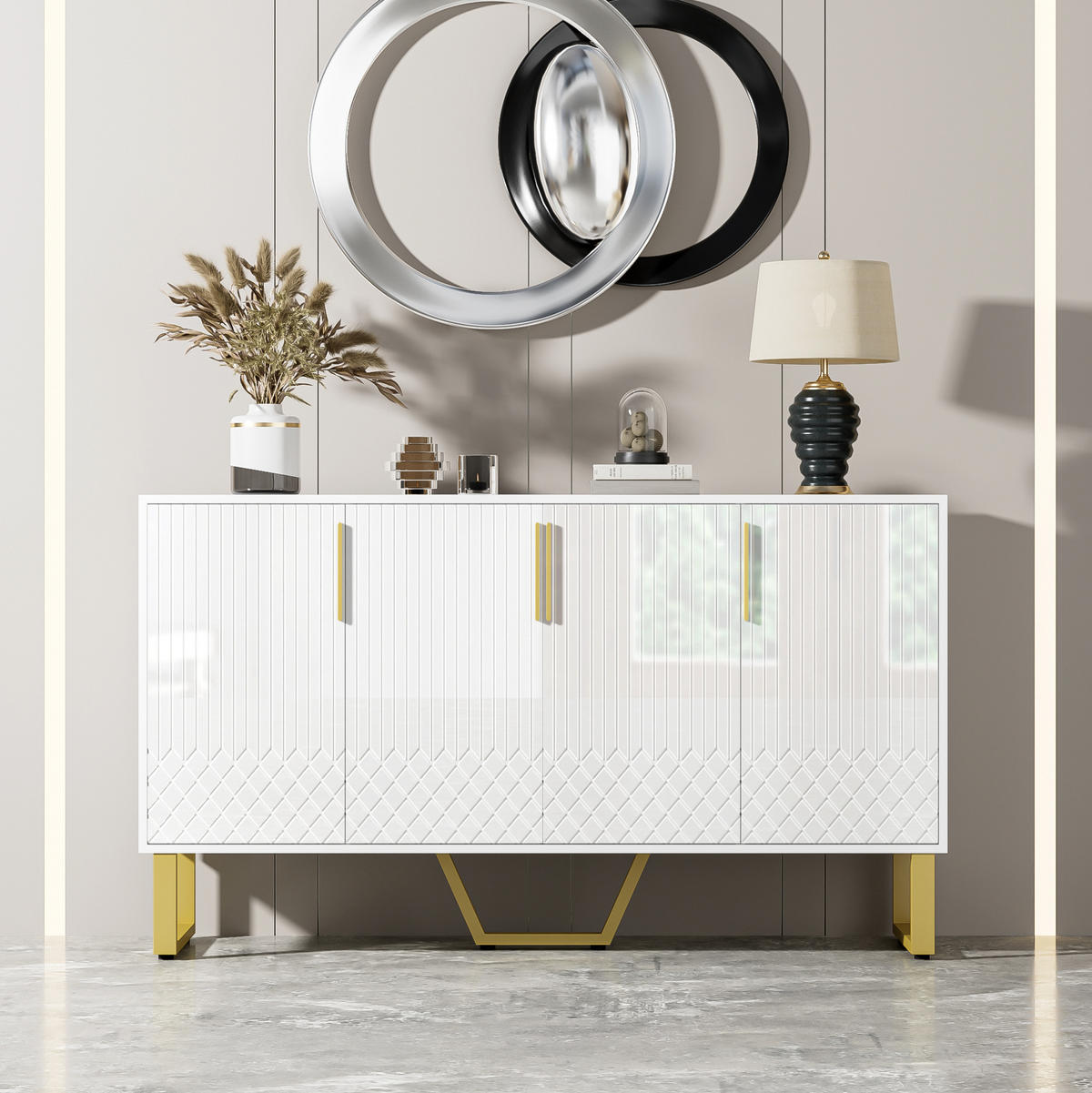 SIDEBOARD 140/40/80 cm in Weiß Hochglanz mit 4 Türen & Metallbeinen - Weiß, Holzwerkstoff (140/80/40cm) - BEAOK