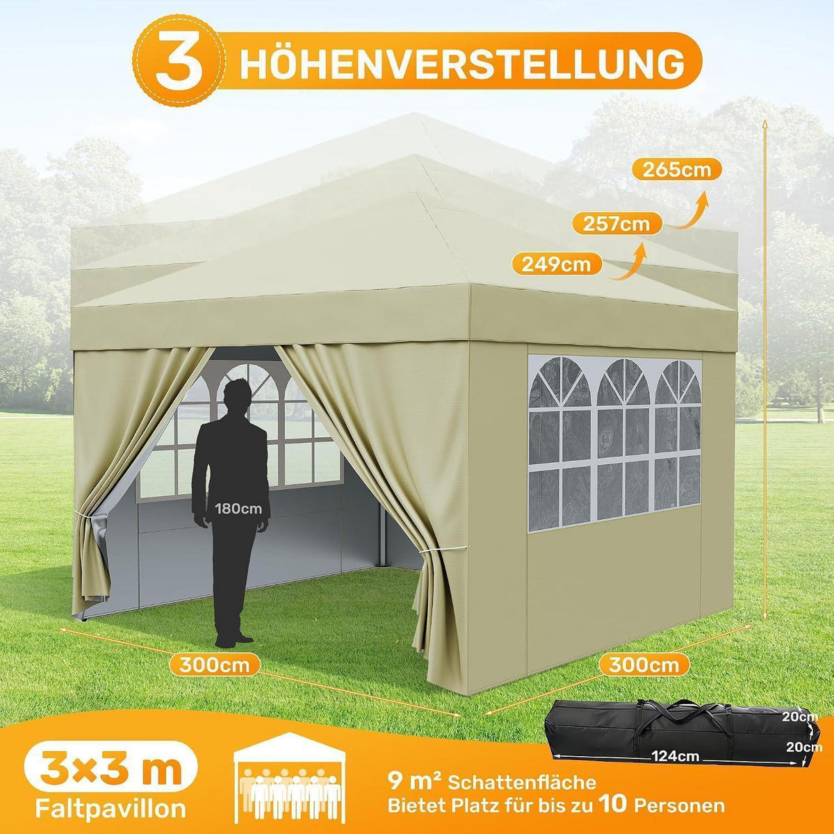 GARTENPAVILLON 3x3m Wasserdicht UV-Schutz 50+ Beige mit 4 Seitenteilen - Beige, Textil (300/265/300cm)