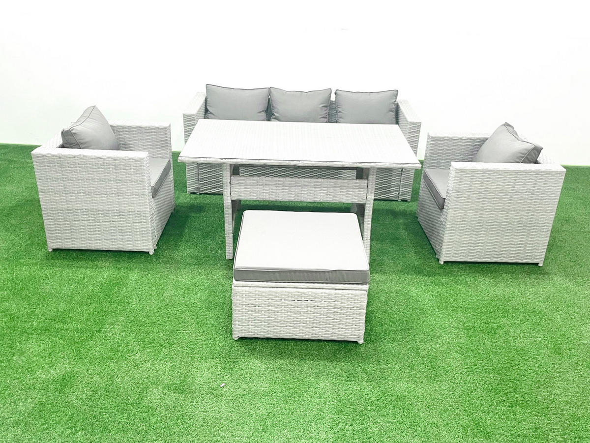 GARTENMÖBEL SET mit Sofa Polyrattan Hellgrau 6-Sitzer - Hellgrau/Grau, Glas/Kunststoff - Fimous