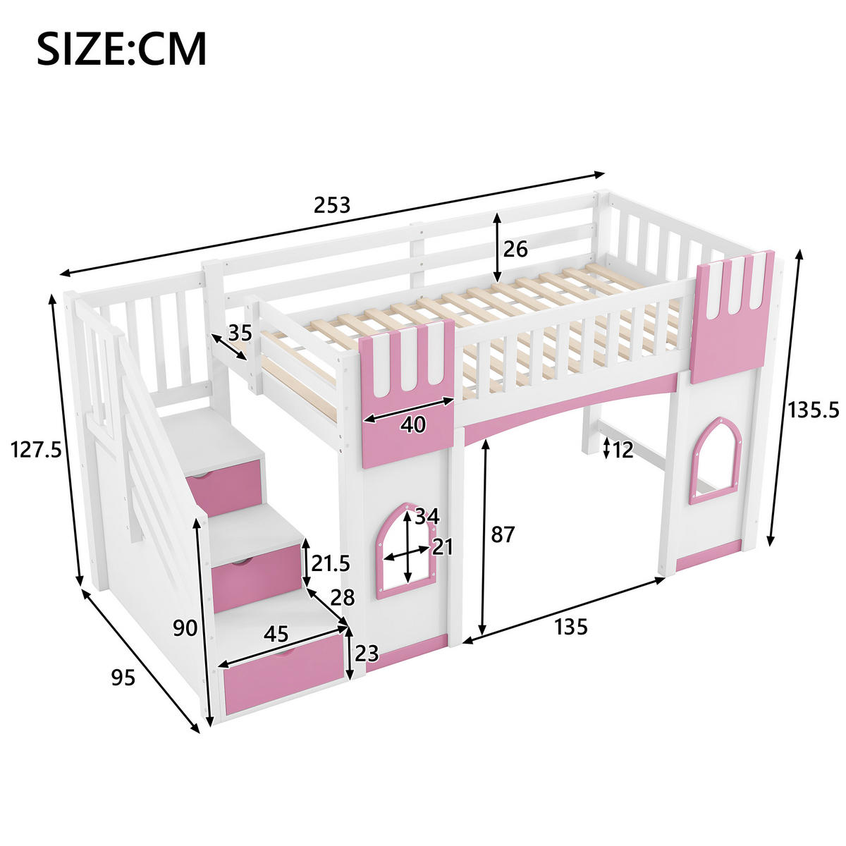 HOCHBETT 90/200 cm in Weiß & Rosa mit Stauraumtreppe und Fenstern aus Holz im verspielten Design - Rosa, Holzwerkstoff (90/200cm) - STILVORA