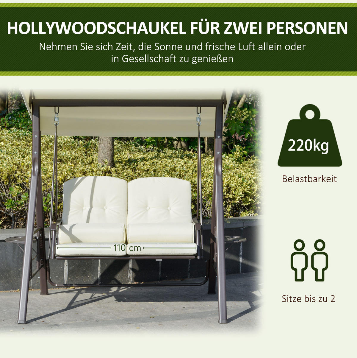 HOLLYWOODSCHAUKEL 162/118/173 cm mit verstellbarem Sonnendach, Seitenablagen und Metallgestell, Beige - Beige, Metall (118/173/162cm) - Redom