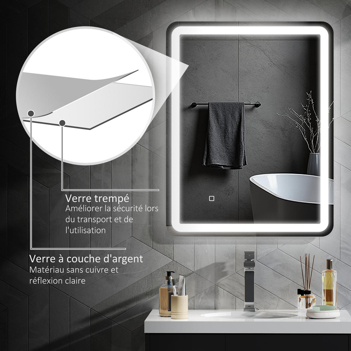 BADEZIMMERSPIEGEL DE-15170 70/90 cm mit 3 LED-Farben und Antibeschlag Silber - Silberfarben, Glas (4/90/70cm) - ComfortXL