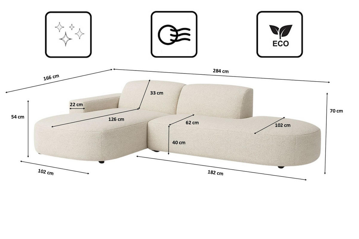 ECKSOFA Cursal Atelier, Stoff Artico, Nata, Links - Beige, Holz (284/166cm) - Kaiser Möbel