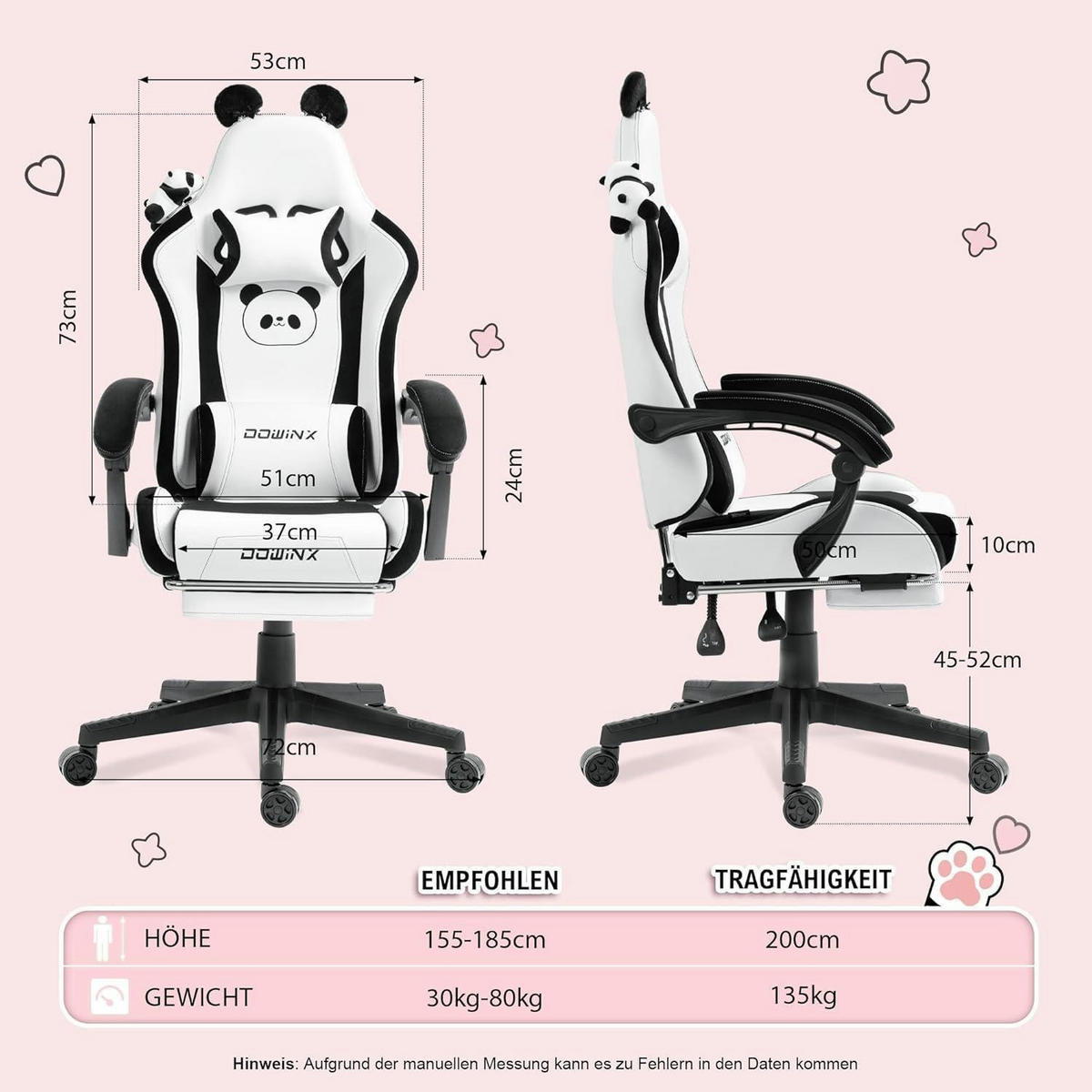 GAMING-STUHL Panda Edition mit Fußstütze und Lendenwirbelstütze - Schwarz, Kunststoff (57/135/76cm)
