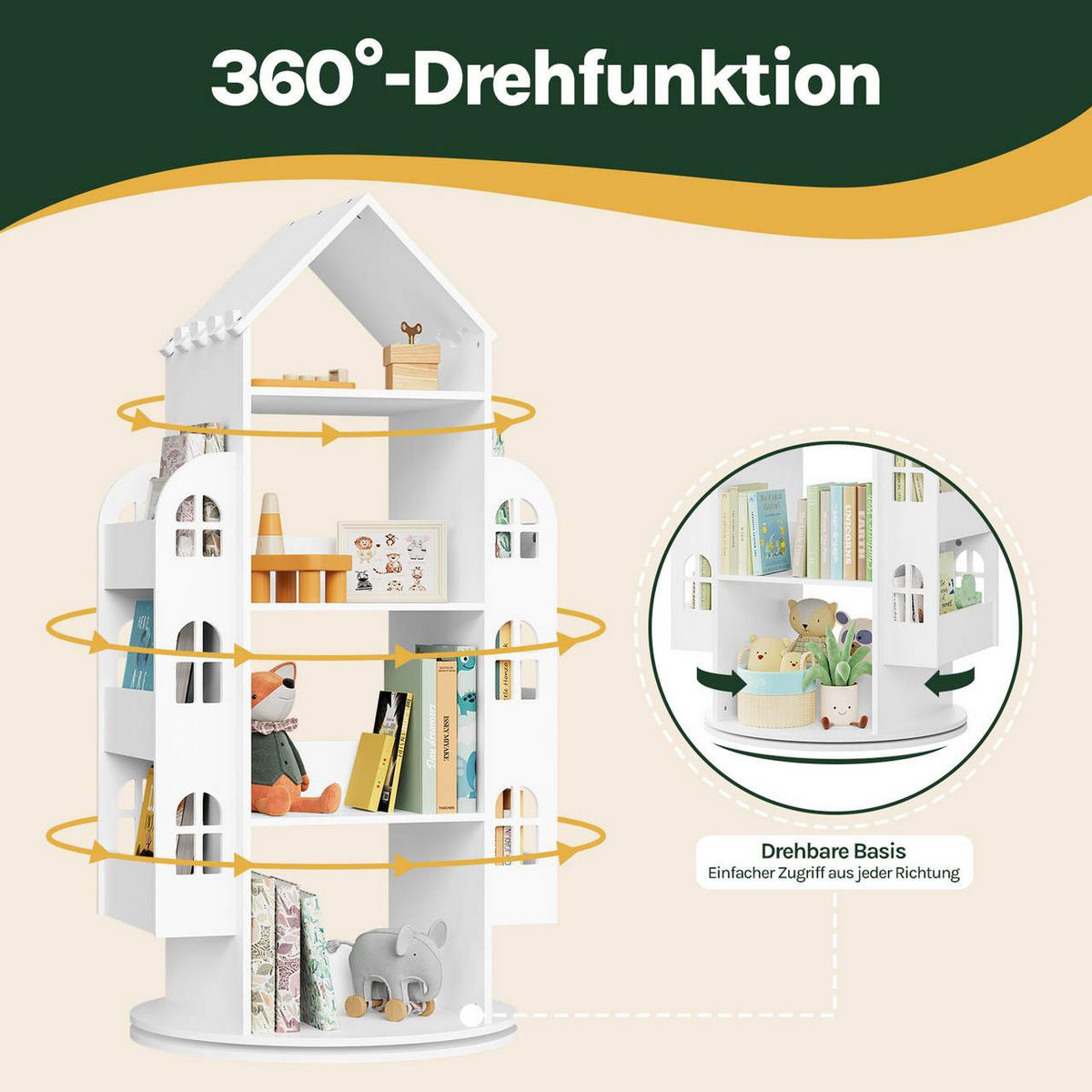 KINDERREGAL mit 4 Ebenen, drehbar, Hausform, Weiß - Weiß, Holzwerkstoff (63/125.5/59cm) - Woltu
