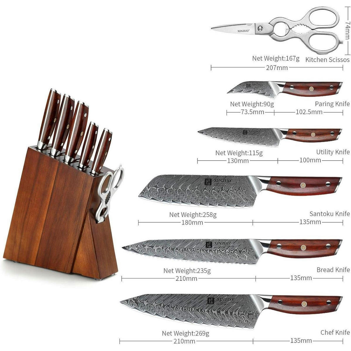 KÜCHENMESSER Set 7-teilig Damaststahl Rosenholz Griff Akazienholz Messerblock - Braun, Metall (13/38/25cm)