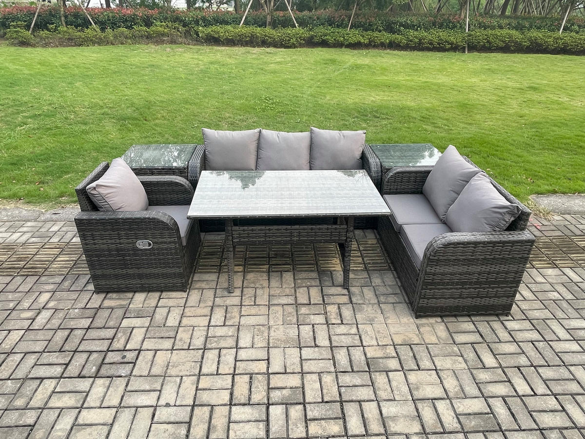 GARTENTISCHGRUPPE mit Liegestuhl,Beistelltischen Polyrattan 6-Sitzer - Dunkelgrau/Grau, Glas/Kunststoff - Fimous