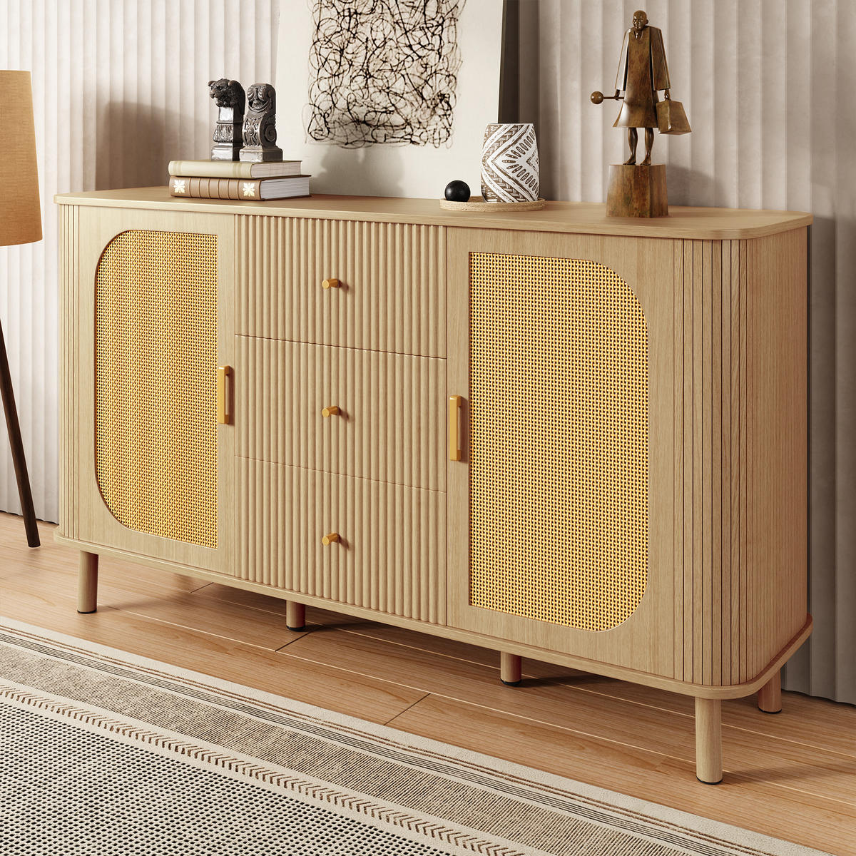 SIDEBOARD in Natur mit Rattan-Türen und gewellten Schubladen, MDF, Metallbeine mit Holzmaserung, 140/40/80 cm,Naturfarben - Naturfarben, Holzwerkstoff (140/80/40cm) - Redom