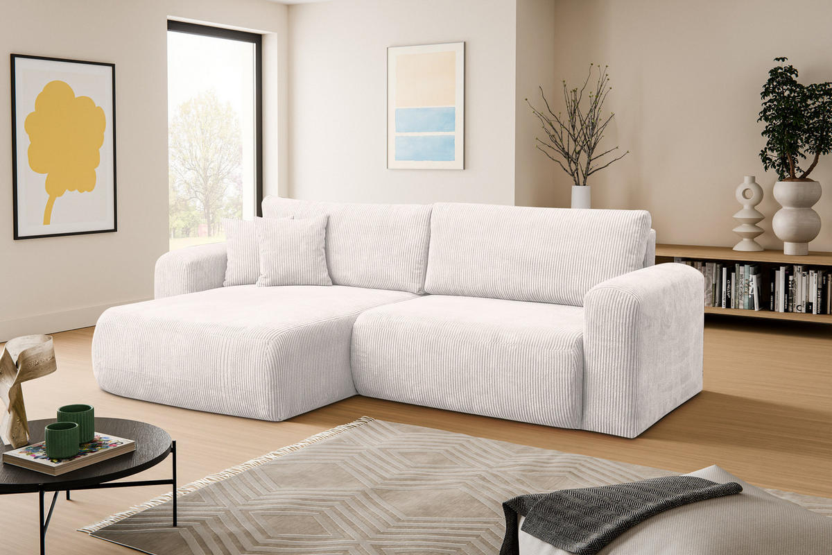 ECKSOFA Roma, Eckcouch in L-Form mit Schlaffunktion und Bettkasten, Farbe: Beige, Cordstoff, Ottomane Universal - Beige, Textil (244/142cm) - VENASI MÖBEL
