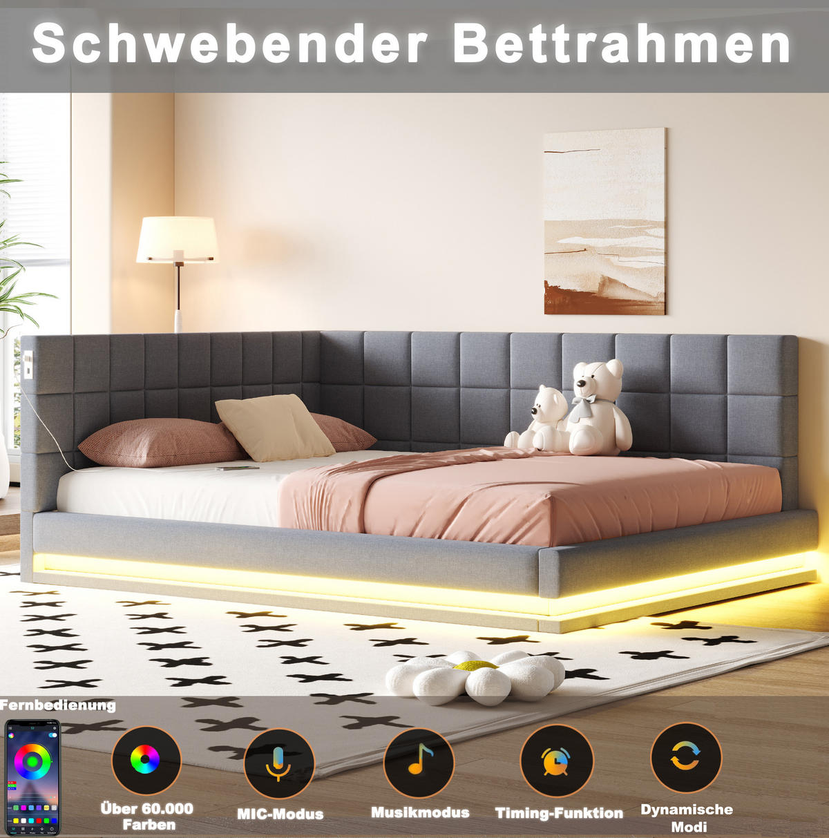 POLSTERBETT 160/200 cm Grau aus Leinen mit LED-Beleuchtung und USB-Anschluss - Grau, Textil (160/200cm) - OKMYHOME