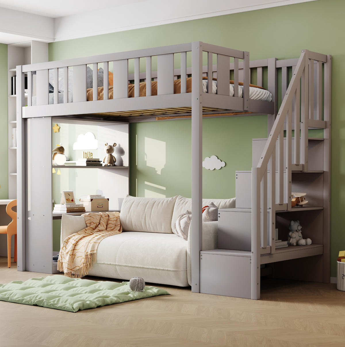 HOCHBETT 90/200 cm Grau aus Kiefernholz mit Stauraumtreppe - Grau, Holz (90/200cm) - Flora Grace
