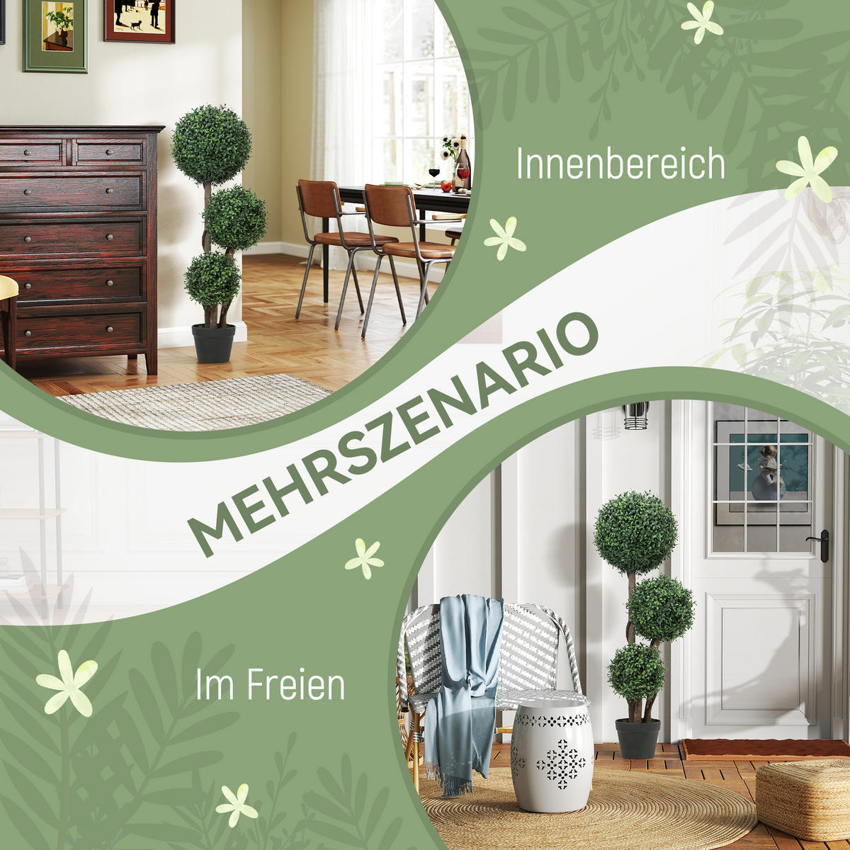 KÜNSTLICHE Buchsbaumkugel groß 100cm dreikugelig Kunstpflanze mit Holzstamm - Schwarz/Braun, Holz/Kunststoff (100cm) - HOMCOM