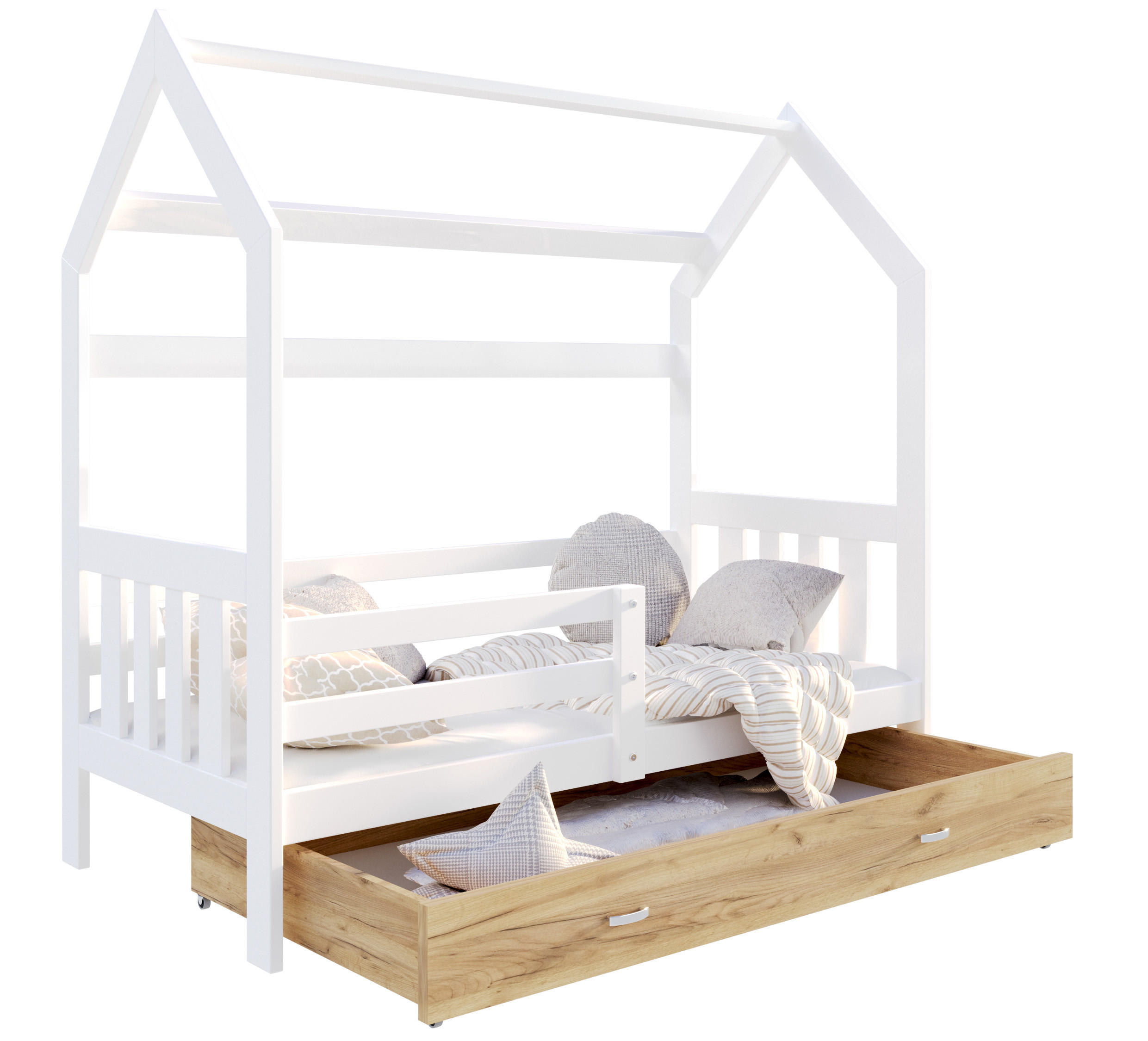 KINDERBETT ALA Hausbett 160x80cm mit Schublade und Matratze Weiß/Kiefer - Kieferfarben, Holz (80/160cm) - Luxkor24