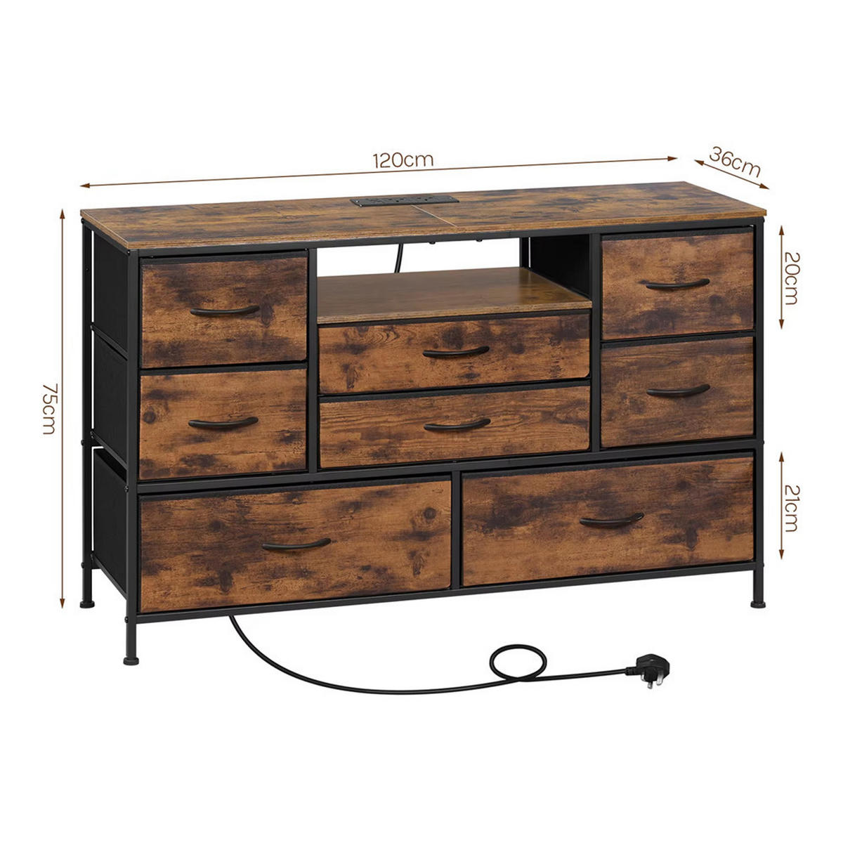 KOMMODE 8 Schubladen mit USB Steckdose Sideboard 120x75x36 cm - Braun, Metall (120/75/36cm) - Kaket