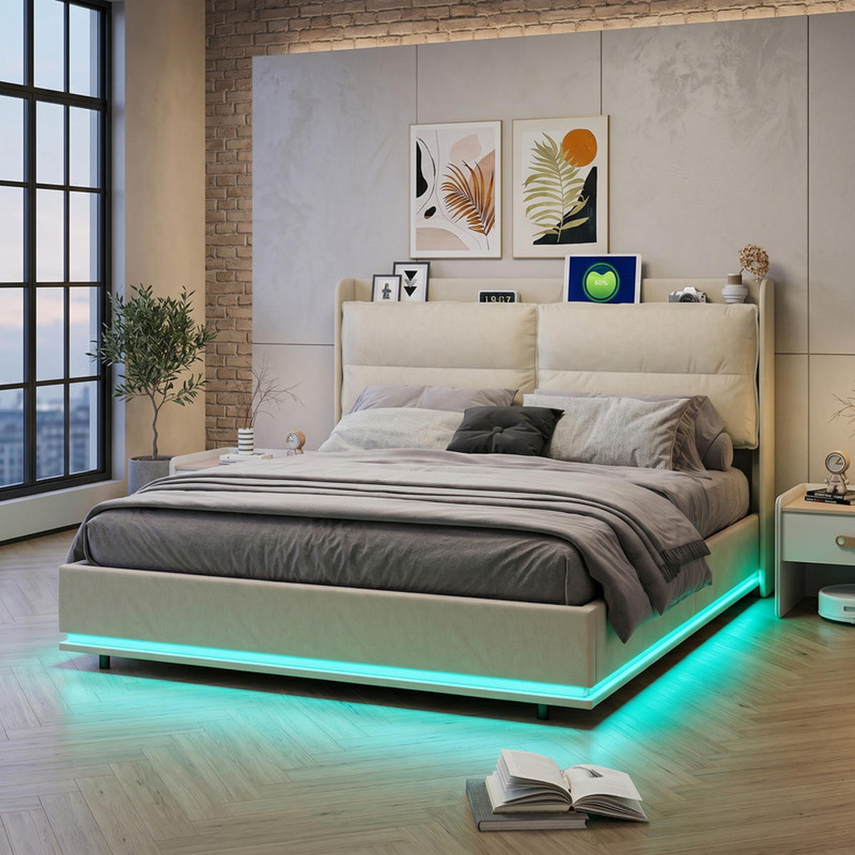 ČALÚNENÁ posteľ 140/200 cm béžová so zamatom, LED a USB - béžová, drevo - SHOPENTRA