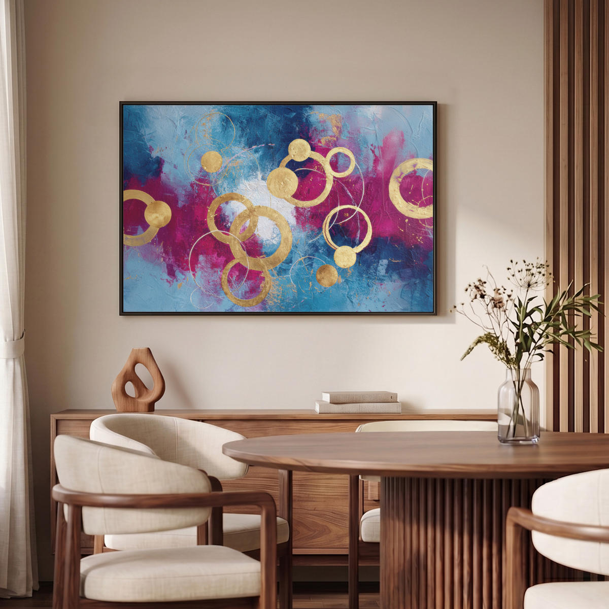 LEINWAND Bilder mit Rahmen - Kreise - Gold - Abstrakt - 90x60 - Blau, Textil (90/60cm) - MuchoWow