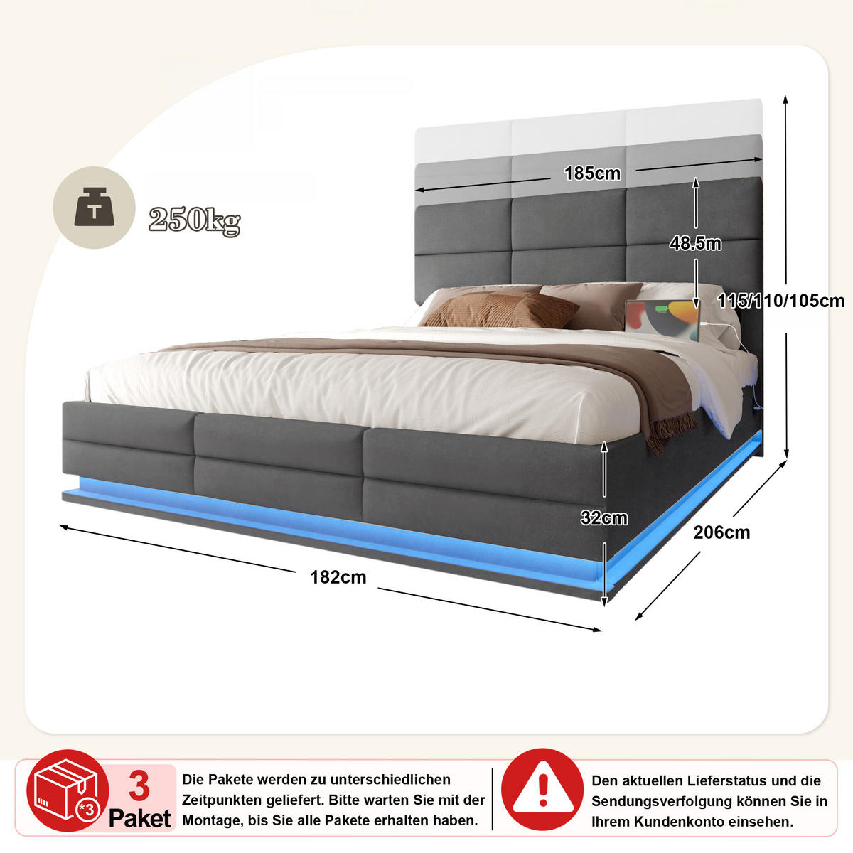 POLSTERBETT 180/200 cm in Dunkelgrau Samt mit Bettkasten, LED und USB/Type-C - Grau, Holzwerkstoff/Textil (180/200cm) - WISHDOR