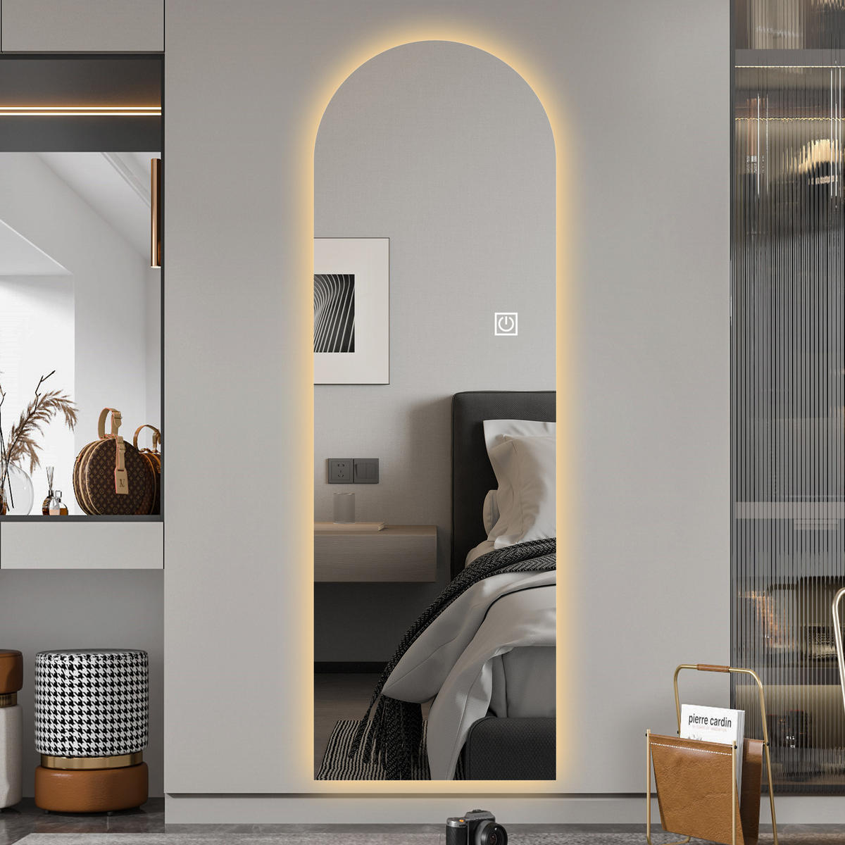 STANDSPIEGEL LED bogenförmig – Ganzkörperspiegel dimmbar, hochauflösend, bruchsicher, freistehend oder Wandmontage, hell beleuchtet - Silberfarben, Glas (50/3/165cm) - Ej. Life