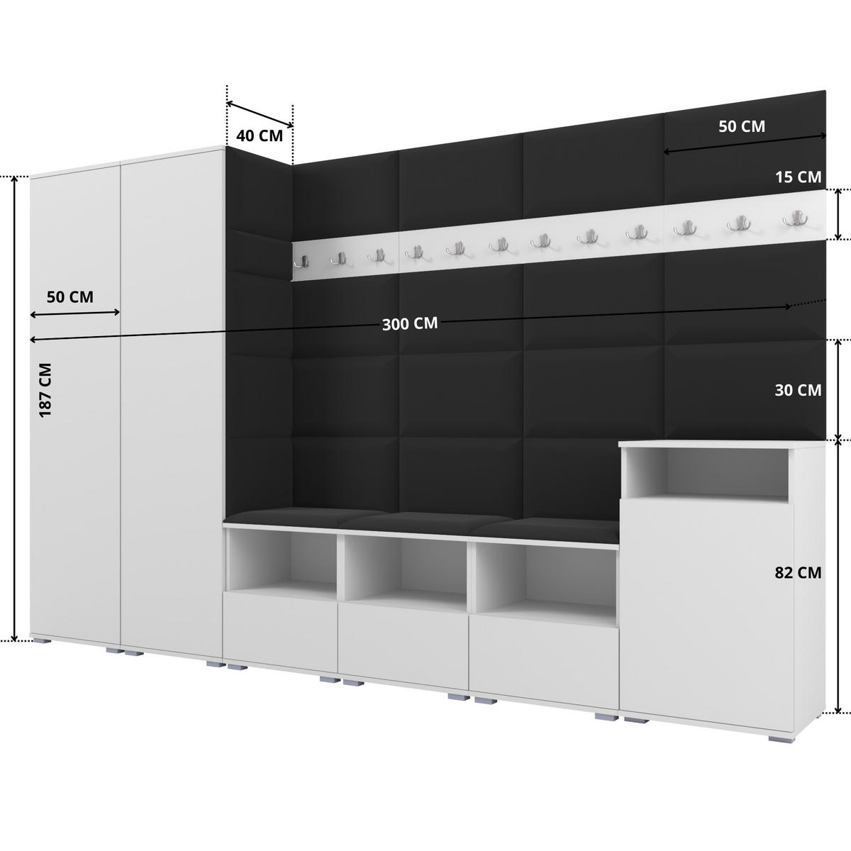 GARDEROBE NELA XII 300 cm (Modulare Flurmöbel Weiß mit Sitzpolster Schwarz 16 Gigantisches Set) - Silberfarben/Schwarz, Holz/Holzwerkstoff (300/187/40cm) - Ravio