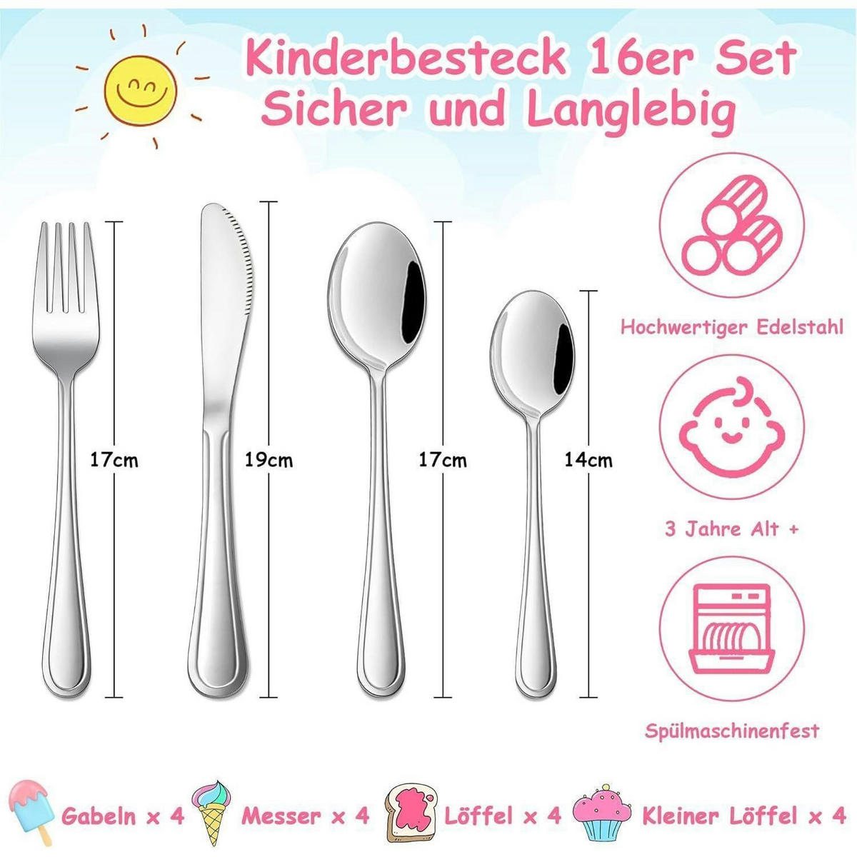 KINDERBESTECK 16-teiliges Set Edelstahl - Silberfarben, Metall