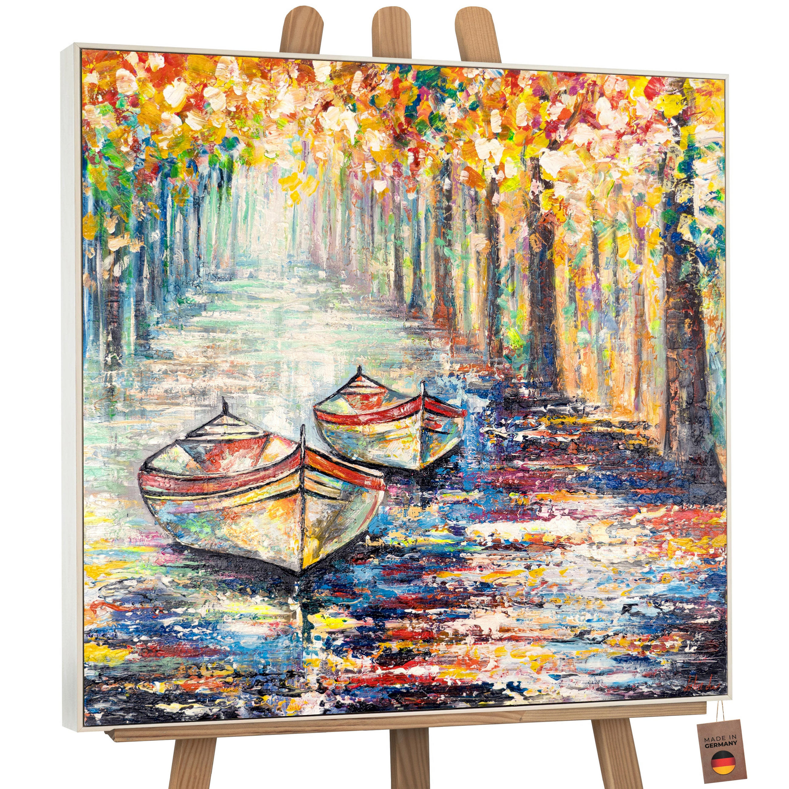 GEMÄLDE Herbstlicher Anlegeplatz Schattenfugenrahmen Beige 100x100 cm - Beige, Holz (100/100cm) - YS-art gallery