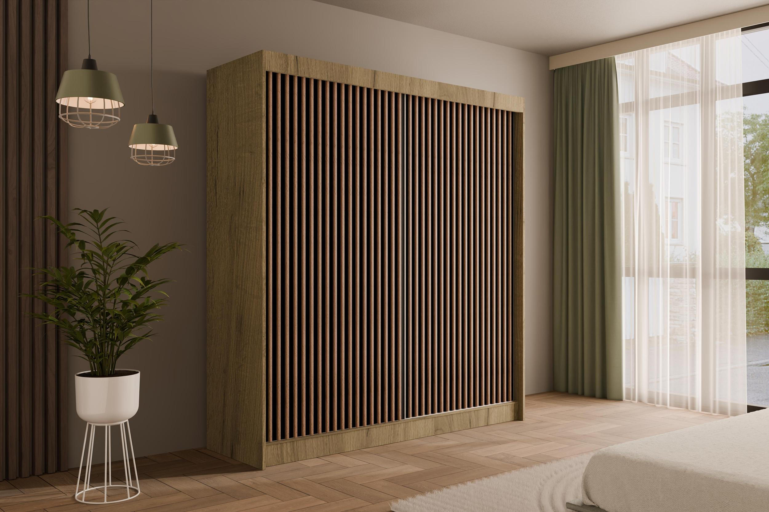 KLEIDERSCHRANK mit Lamel-Schiebetüren VILANv2 - 200 cm Eiche Kraft + Lamelle Eiche Wotan - Hellbraun/Eiche Wotan, Holzwerkstoff (200/215/61cm) - ALTDECOR