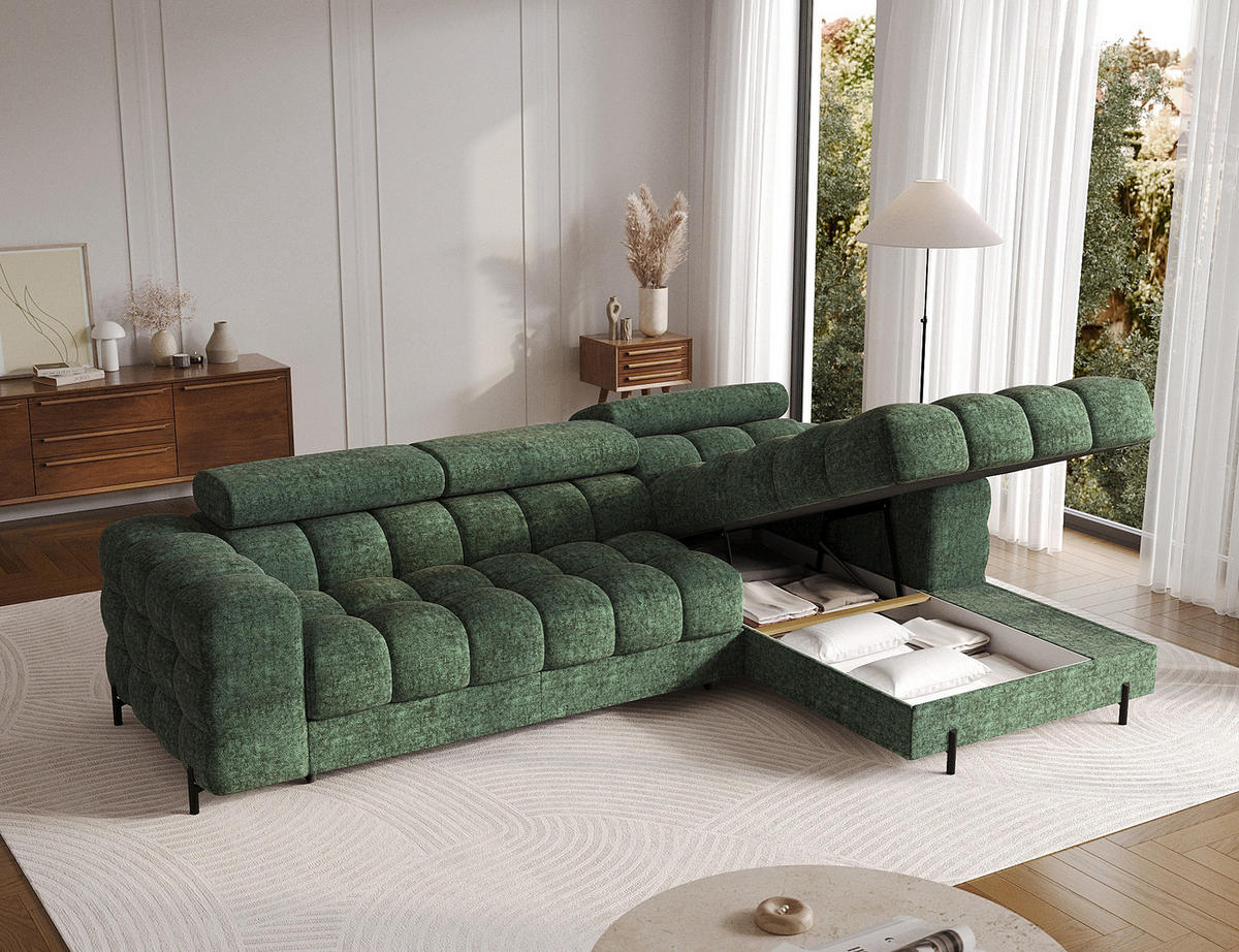 ECKSOFA FELRO mit Schlaffunktion, Bettkasten & verstellbaren Kopfstützen – Modernes Premium-Ecksofa in L-Form - Grün, Kunststoff (181/285cm) - Wohnideebilder
