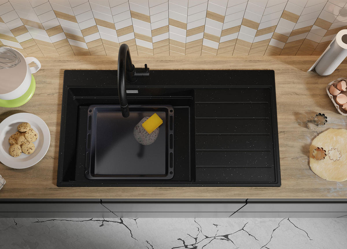 SPÜLBECKEN Sydney, 2-er set Schwarz Metallic 90/50 cm 1 Becken + Ablauf-Set + Küchenzubehörset ab 60er Unterschrank - Chromfarben/Schwarz Hochglanz, Kunststoff (90/20/50cm) - Primagran