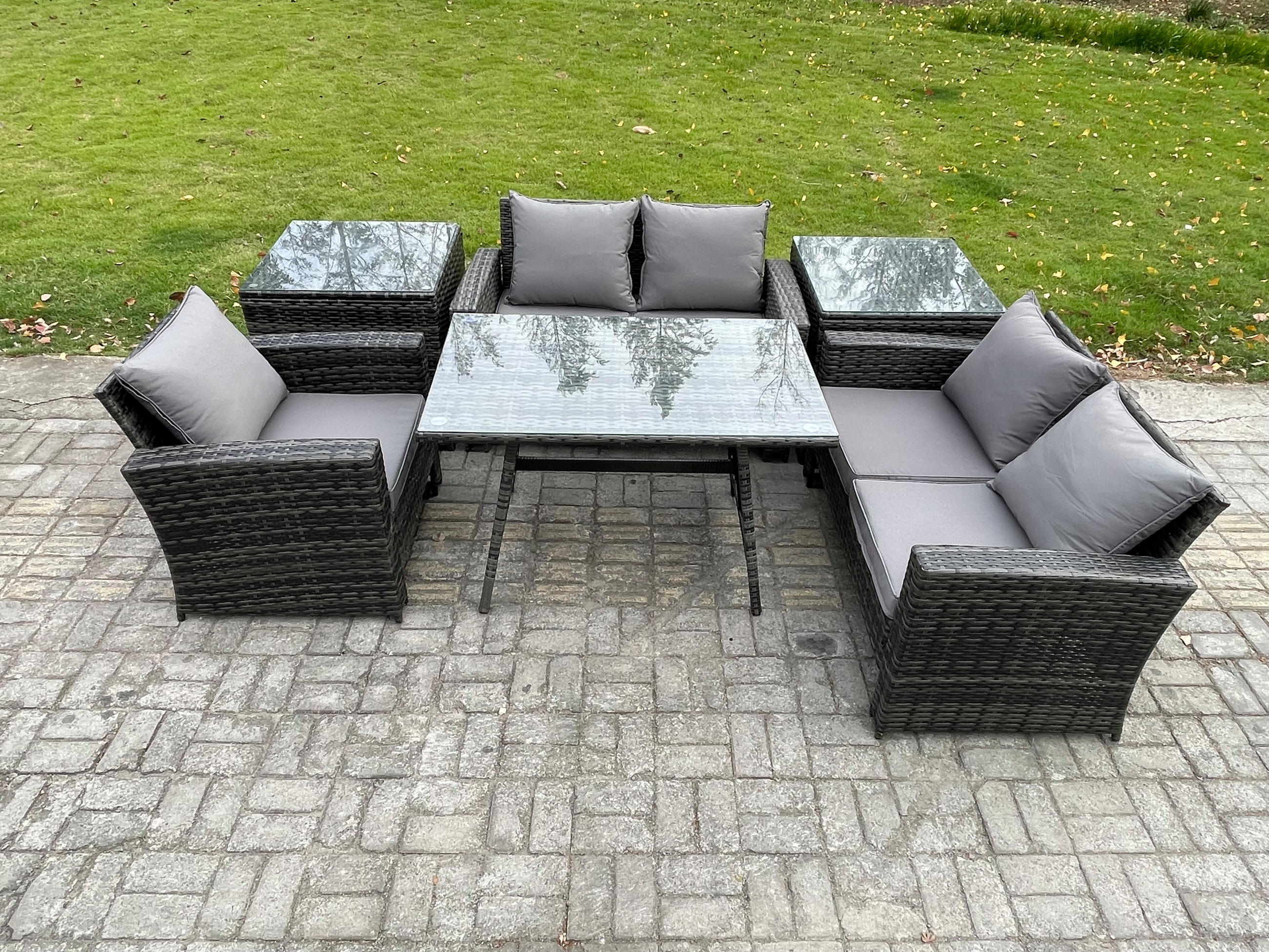 GARTENMÖBELSET mit ESSTISCH,HOCHLEHNER-SOFA Polyrattan Dunkelgrauer Mix 5-Sitzer - Dunkelgrau/Grau, Glas/Kunststoff - Fimous