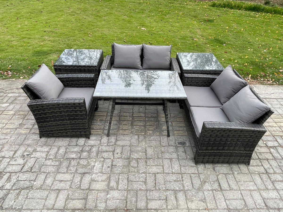 GARTENMÖBELSET mit ESSTISCH,HOCHLEHNER-SOFA Polyrattan Dunkelgrauer Mix 5-Sitzer - Dunkelgrau/Grau, Glas/Kunststoff - Fimous