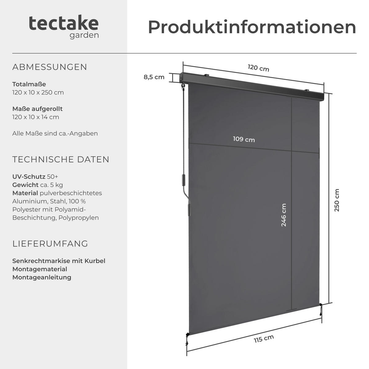 SENKRECHTMARKISE Eloise,inkl. Wandhaltern,dunkelgrau - Dunkelgrau, Kunststoff (120/250cm) - tectake