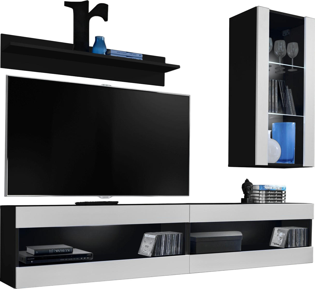 WOHNWAND 4-er Set, TIVOLI SET5 Schwarz + Weiß, Offener Raum - Schwarz/Weiß, Glas/Holzwerkstoff (240/195/35cm) - Komodee