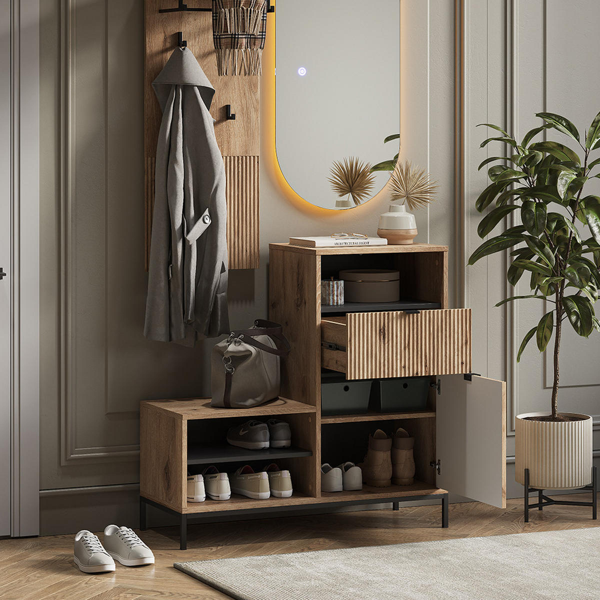 SCHUHSCHRANK Eliza Viking Oak 100 x 98.5 cm mit Tür und Schublade - Eichefarben, Holzwerkstoff (100/98.5/40cm) - Vicco