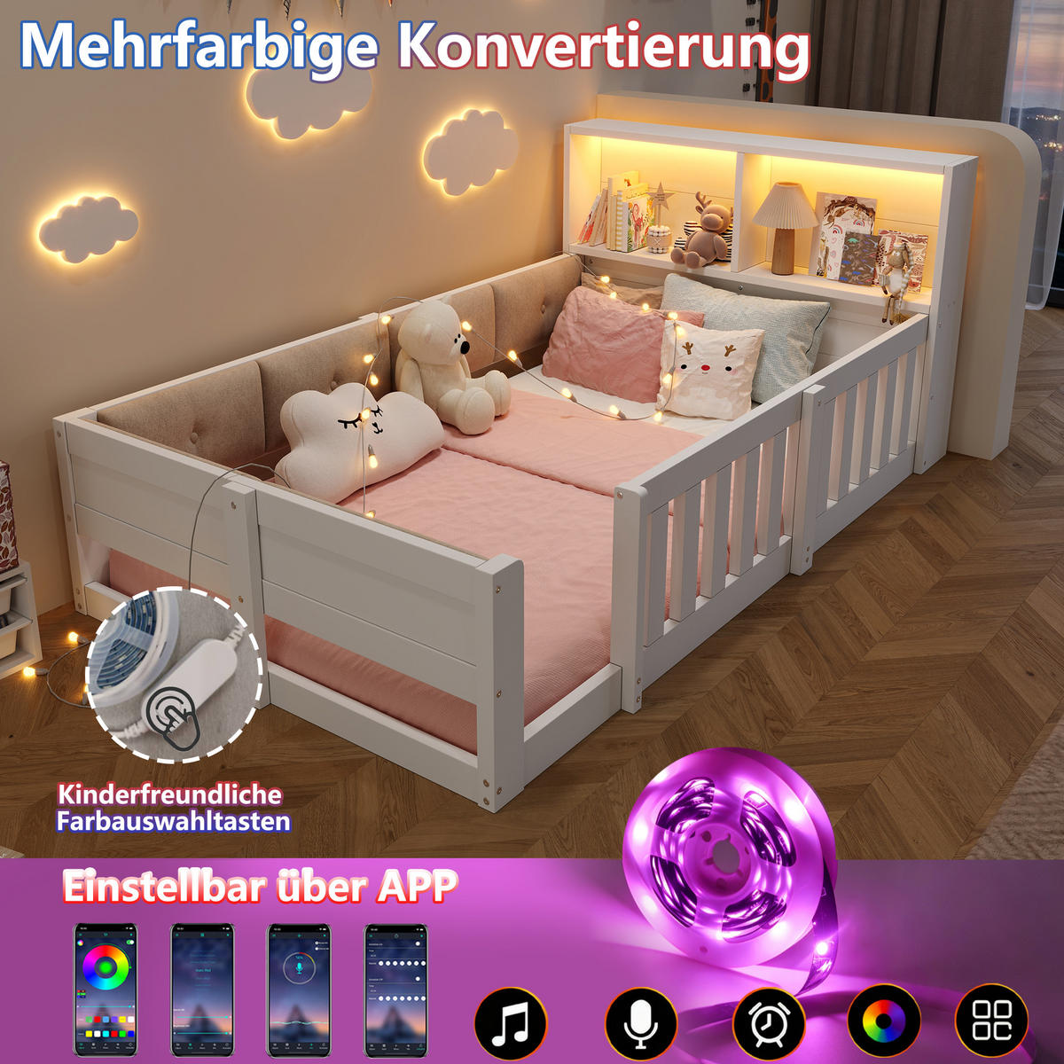 FLACHBETT 90x200cm Gitter Kinderbett LED Weiß - Weiß, Holzwerkstoff (90/200cm) - FLIEKS