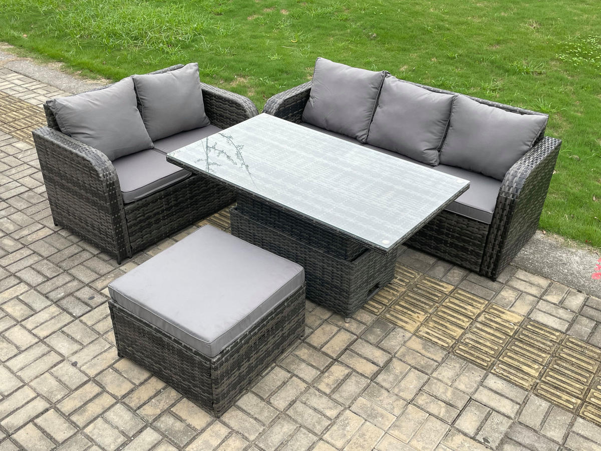 GARTENSOFA-SET HÖHENVERSTELLBARER ESSTISCH Polyrattan Outdoor 6-Sitzer - Dunkelgrau/Grau, Glas/Kunststoff - Fimous