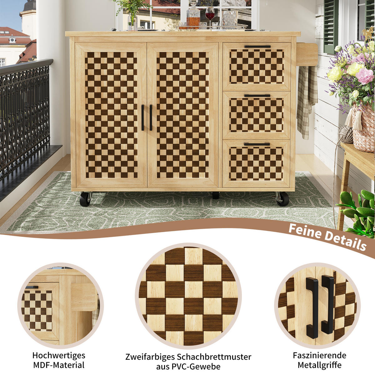 KÜCHENINSEL 120x45x92cm Natur mit Klapptisch & 3 Schubladen - Naturfarben, Holzwerkstoff (120/92/45cm) - Modfu