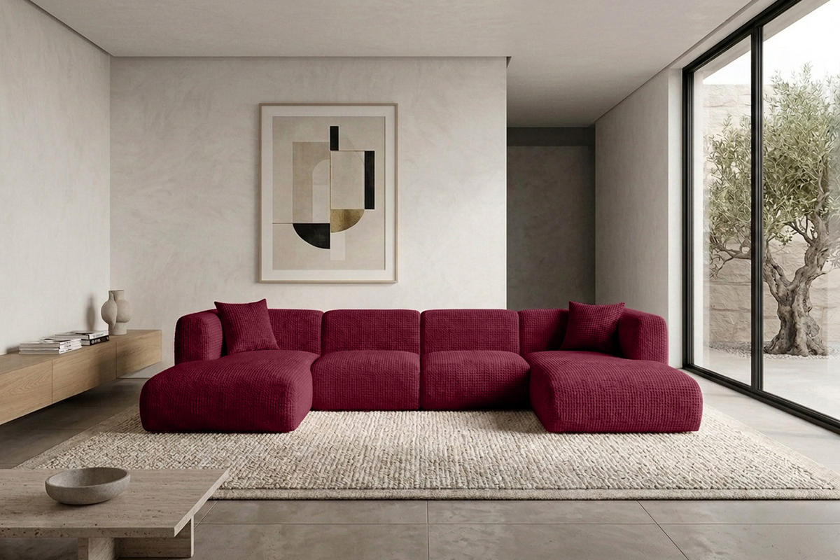 ECKSOFA U-Form, Chenille-Stoff Cremona, Rotwein, GRETA - Weinrot, Holz (408/70/179cm) - Kaiser Möbel