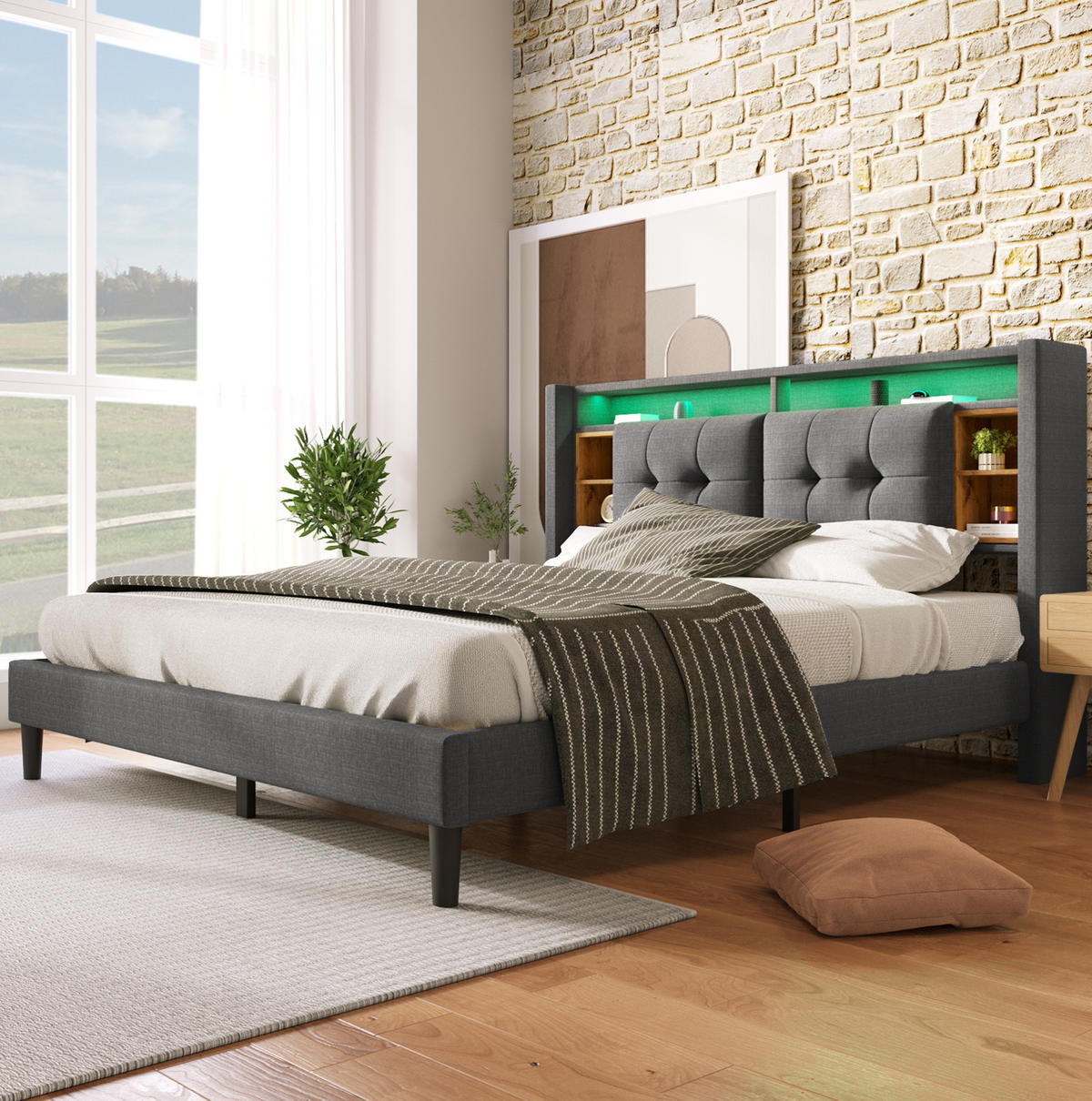 ČALOUNĚNÁ postel s úložným čelem, 223/149/107 cm šedá, s USB, LED a lamelovým roštem - šedá, dřevo (140/200cm) - BEAOK