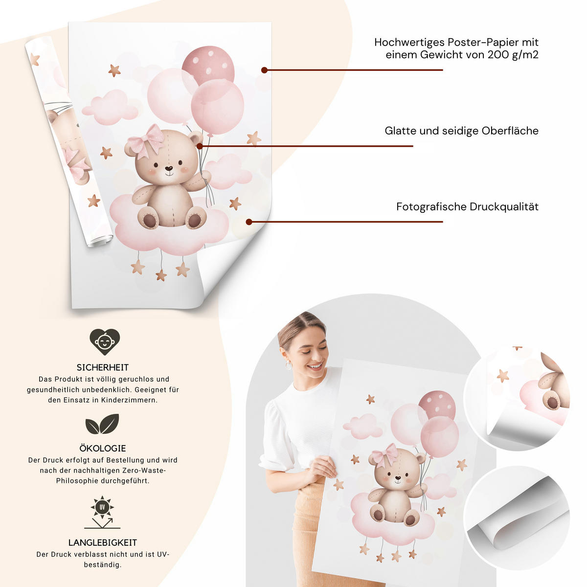 SADA PLAGÁTOV Do Detskej Izby Mackovia Balóny Oblaky A3 30 x 42 cm - biela/ružová, papier (30/42/1cm) - Muralo