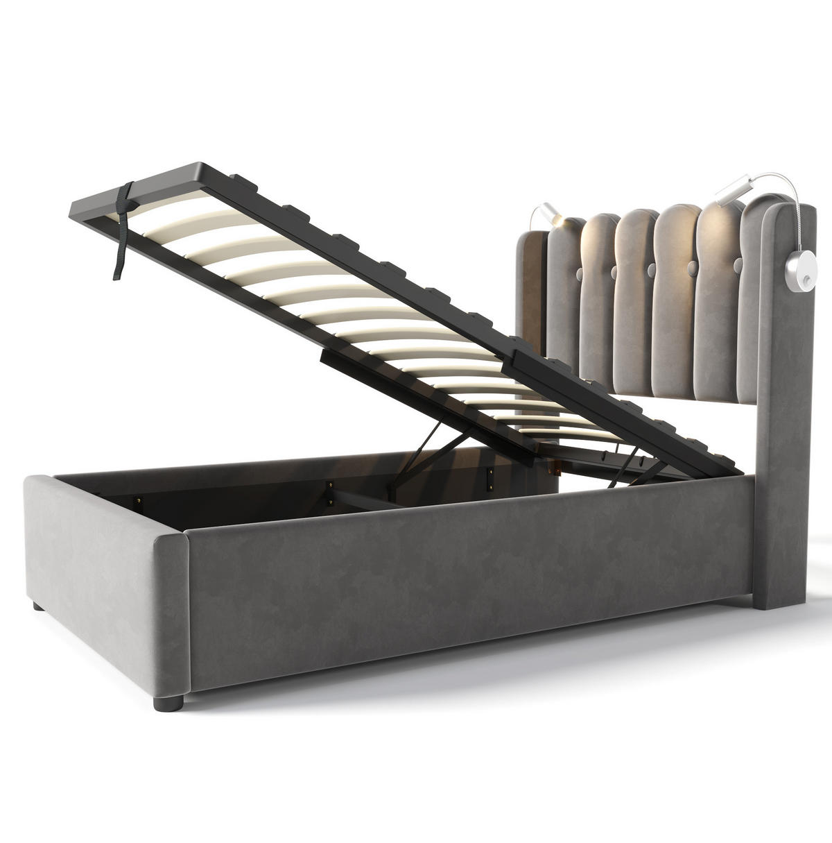 POLSTERBETT 90/200 cm Grau aus Samt mit Bettkasten und USB - Grau, Textil (90/200cm) - OKMYHOME