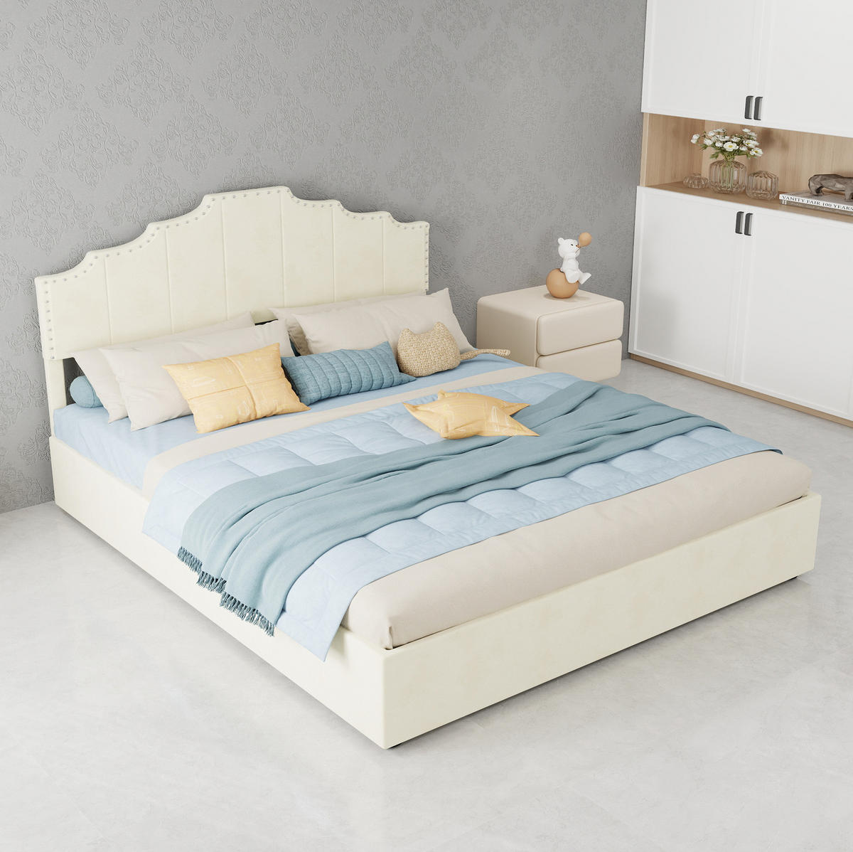 POLSTERBETT 160/200 cm mit Matratze, hydraulischem Bettkasten und geometrischem Kopfteil, Beige - Beige, Textil (160/200cm) - Redom