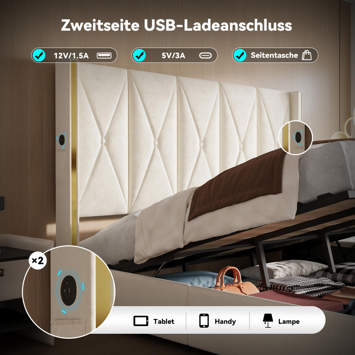 POLSTERBETT 180/200 cm mit LED, USB/Type-C, Seitentaschen und hydraulischem Bettkasten, Beige - Beige, Textil (180/200cm) - Redom